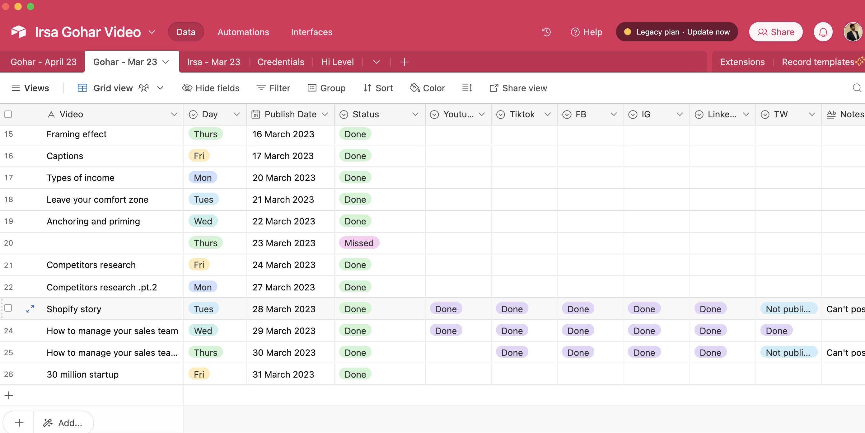 Airtable for video content calendar